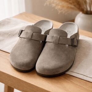 Suede Slip-On Mule with Adjustable Buckle - Taupe